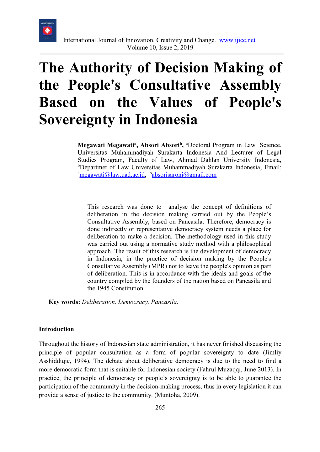 The Authority of Decision Making of the People's Consultative Assembly Based on the Values of People's Sovereignty in Indonesia