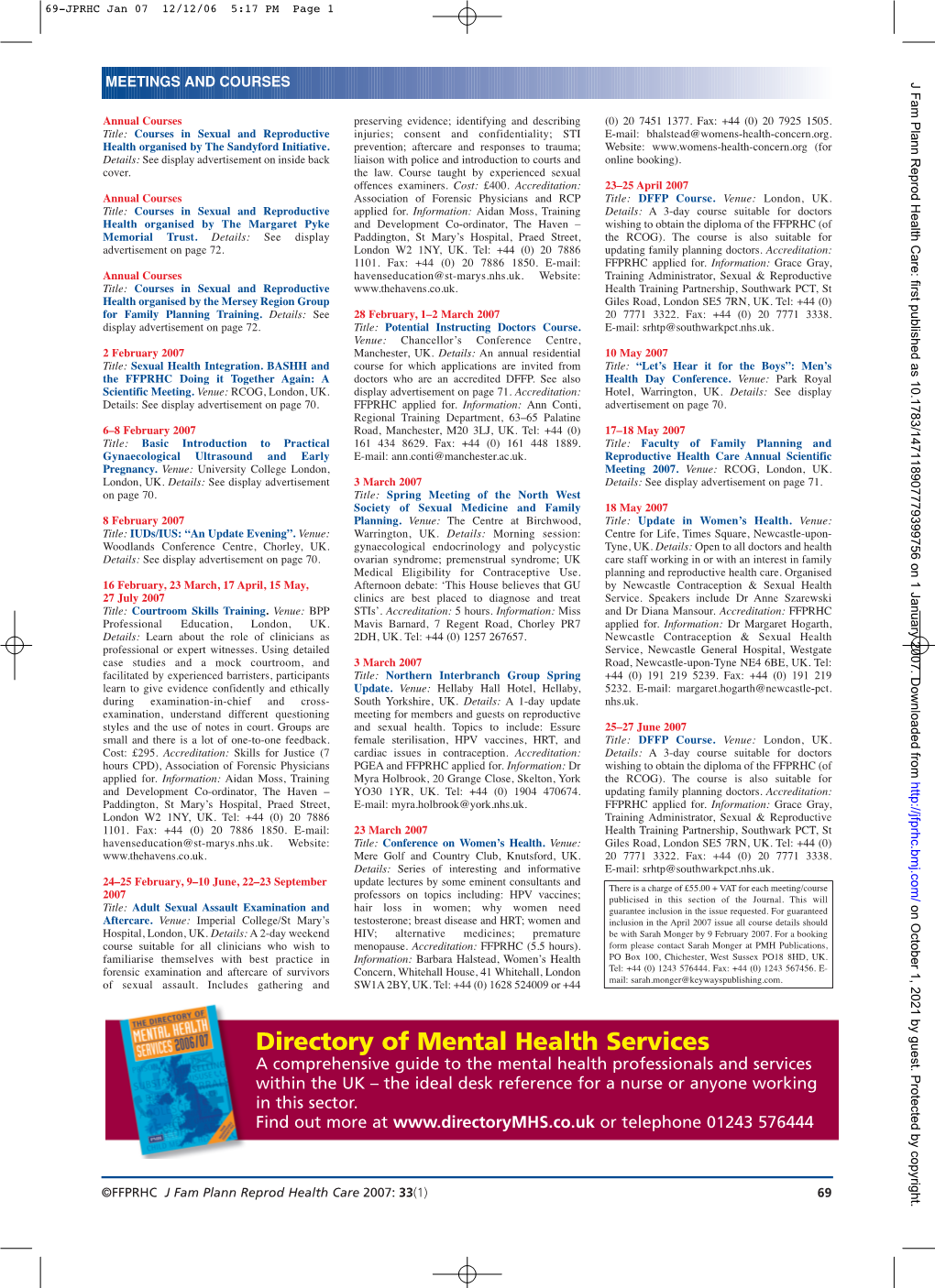 MEETINGS and COURSES J Fam Plann Reprod Health Care: First Published As 10.1783/147118907779399756 on 1 January 2007