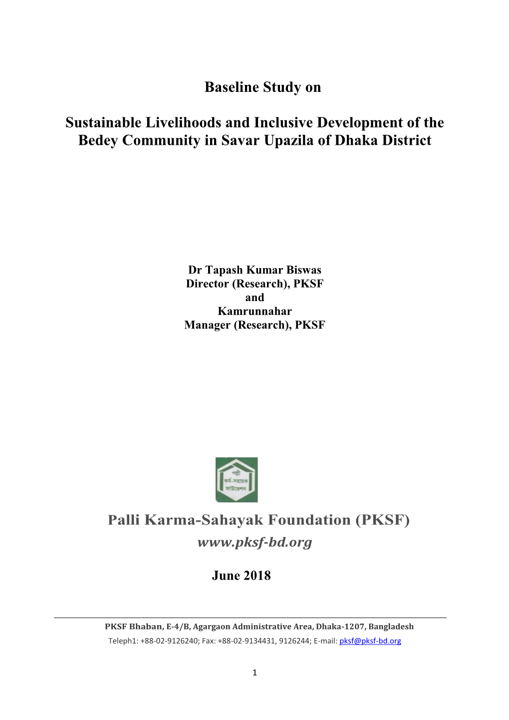 Baseline Study on Sustainable Livelihoods and Inclusive Development of the Bedey Community in Savar Upazila of Dhaka District Pa