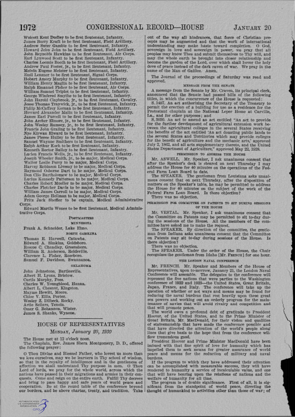 CONGRESSIONAL RECORD-HOUSE JANUARY 20 Wolcott Kent Dudley to Be First Lieutenant, Infantry