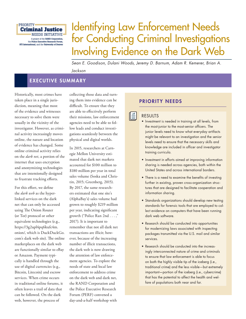 Identifying Law Enforcement Needs for Conducting Criminal Investigations Involving Evidence on the Dark Web Sean E