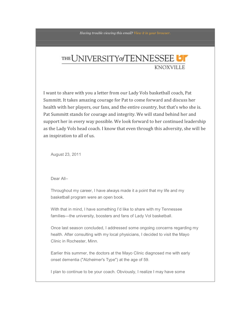 I Want to Share with You a Letter from Our Lady Vols Basketball Coach, Pat Summitt