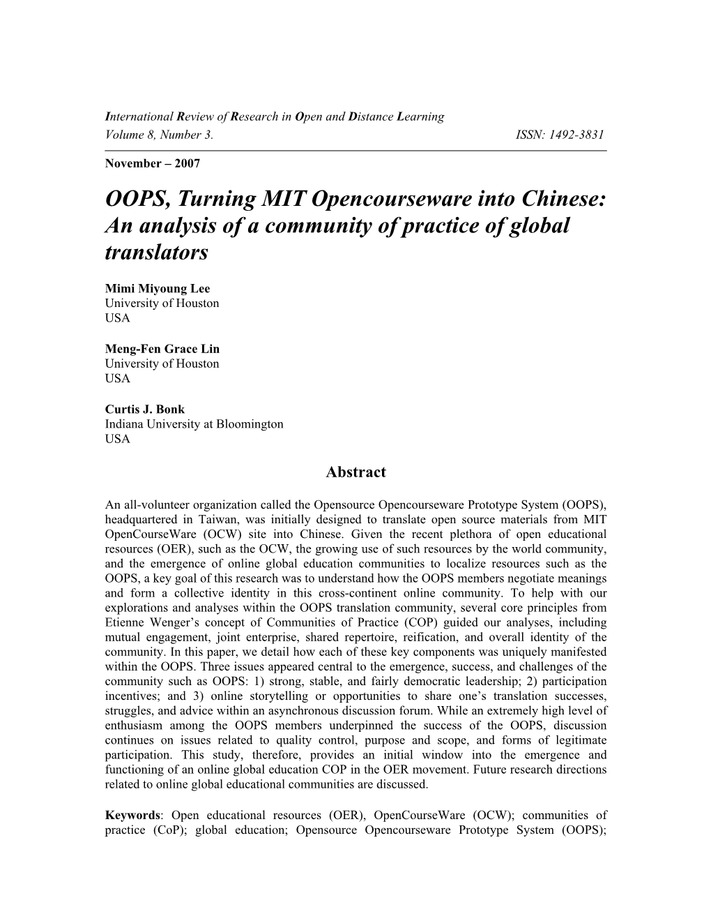 OOPS, Turning MIT Opencourseware Into Chinese: an Analysis of a Community of Practice of Global Translators