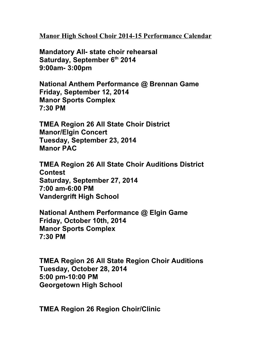 Manor High School Choir 2014-15 Performance Calendar