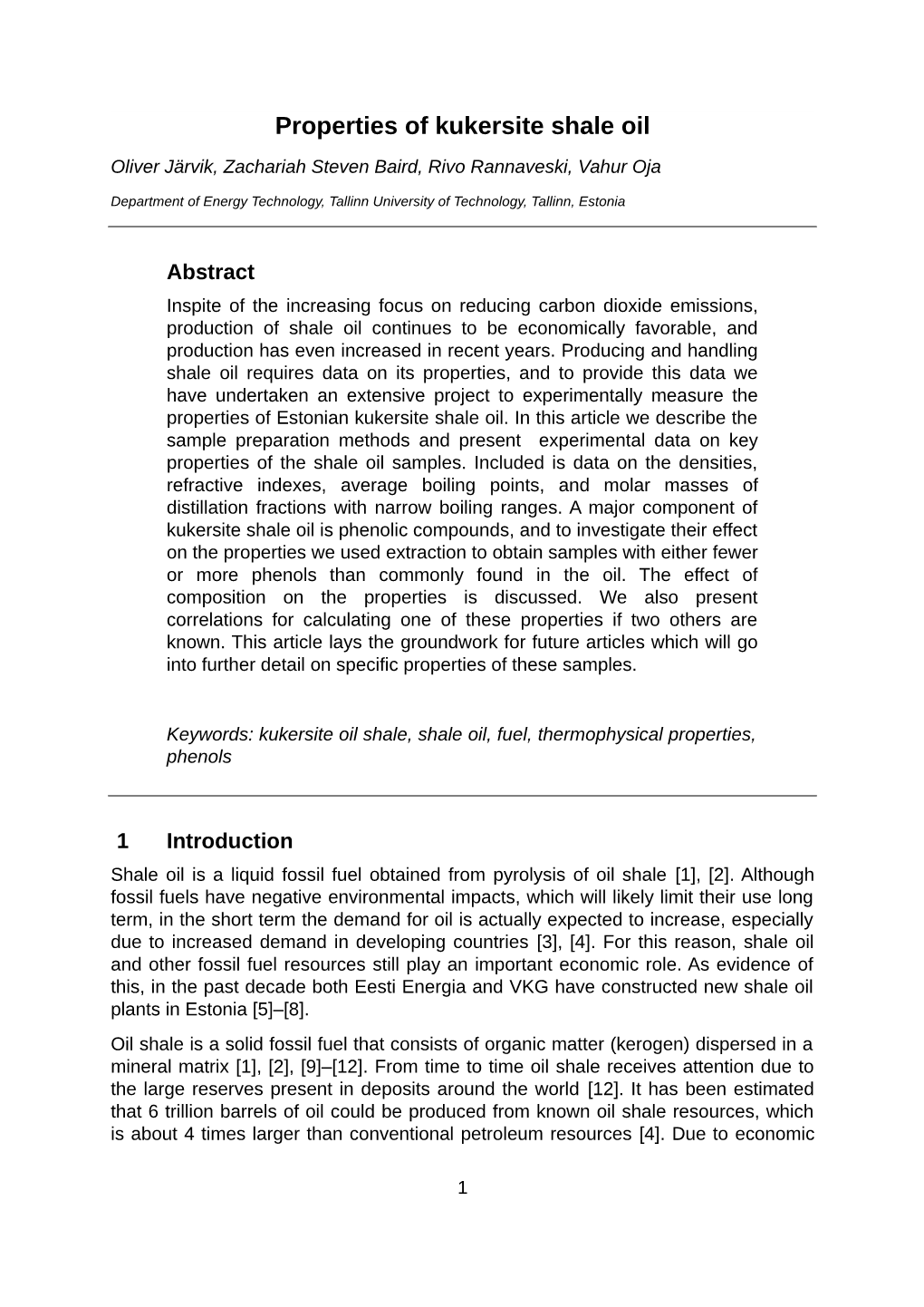 Properties of Kukersite Shale Oil