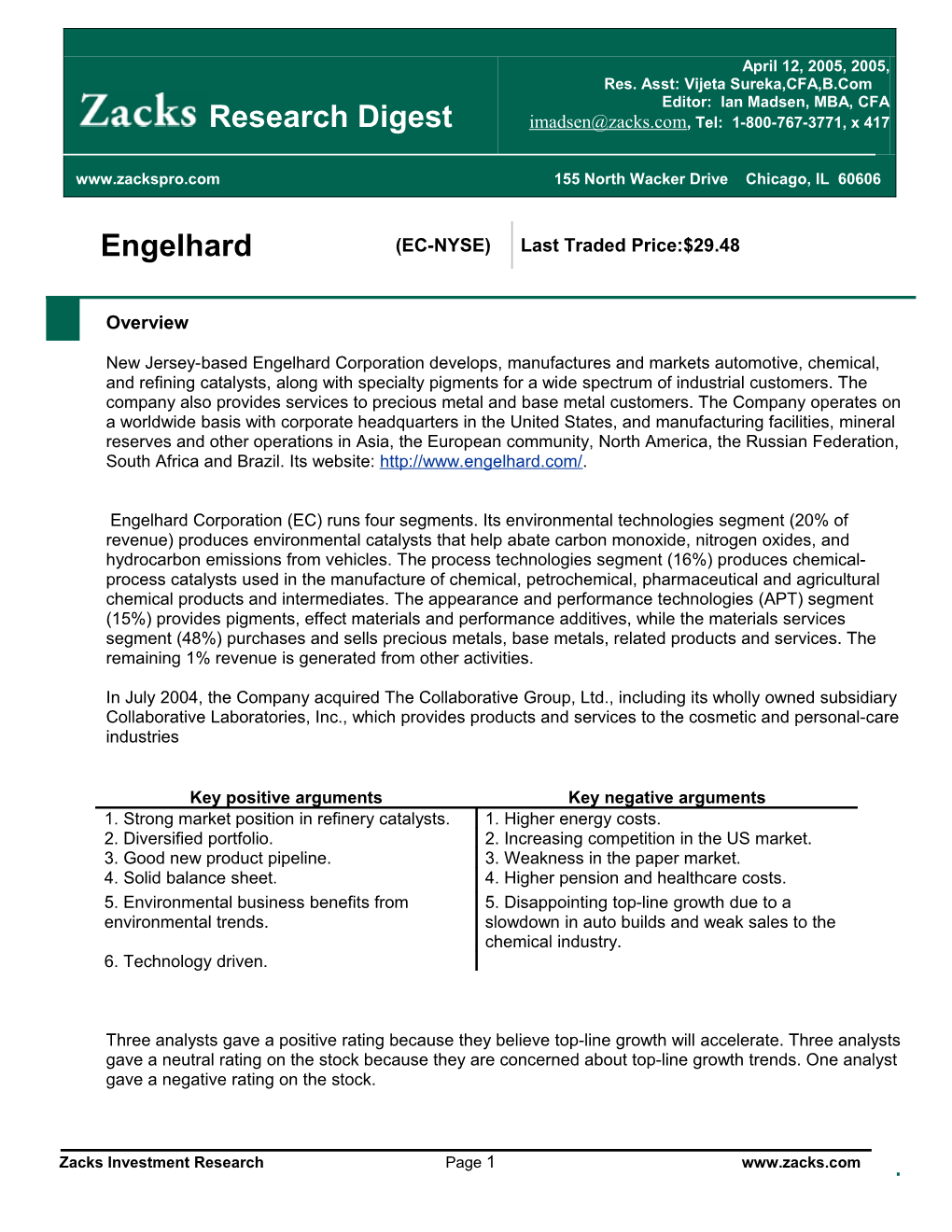 Engelhard Corporation (EC) Runs Four Segments. Its Environmental Technologies Segment