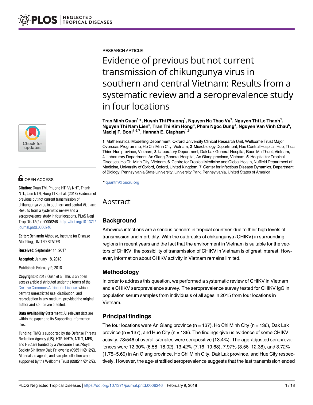 Evidence of Previous but Not Current Transmission of Chikungunya Virus