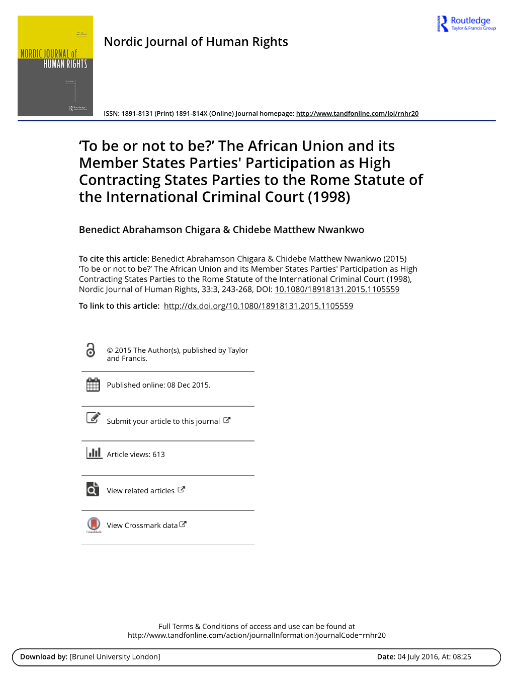 The African Union and Its Member States Parties' Participation As High Contracting States Parties to the Rome Statute of the International Criminal Court (1998)