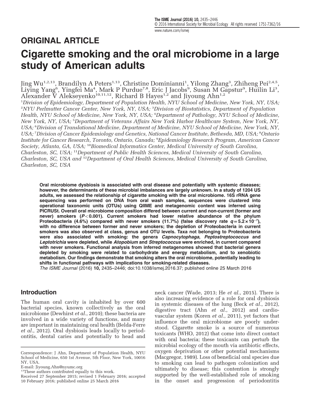 Cigarette Smoking and the Oral Microbiome in a Large Study of American Adults