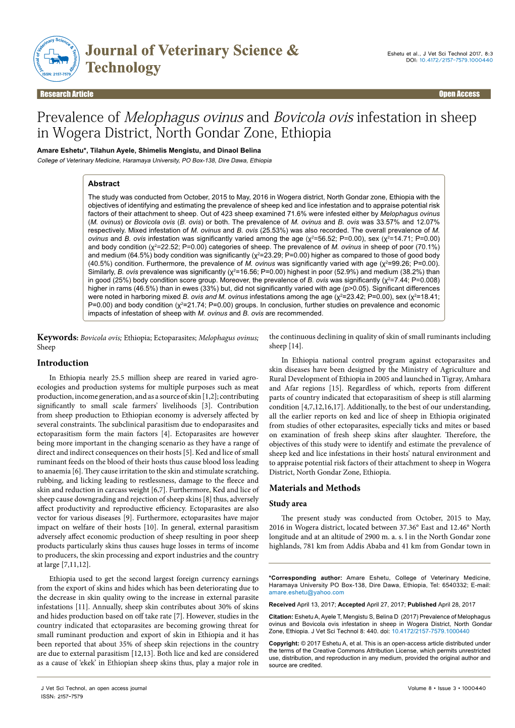 Prevalence of Melophagus Ovinus and Bovicola Ovis Infestation in Sheep in Wogera District, North Gondar Zone, Ethiopia