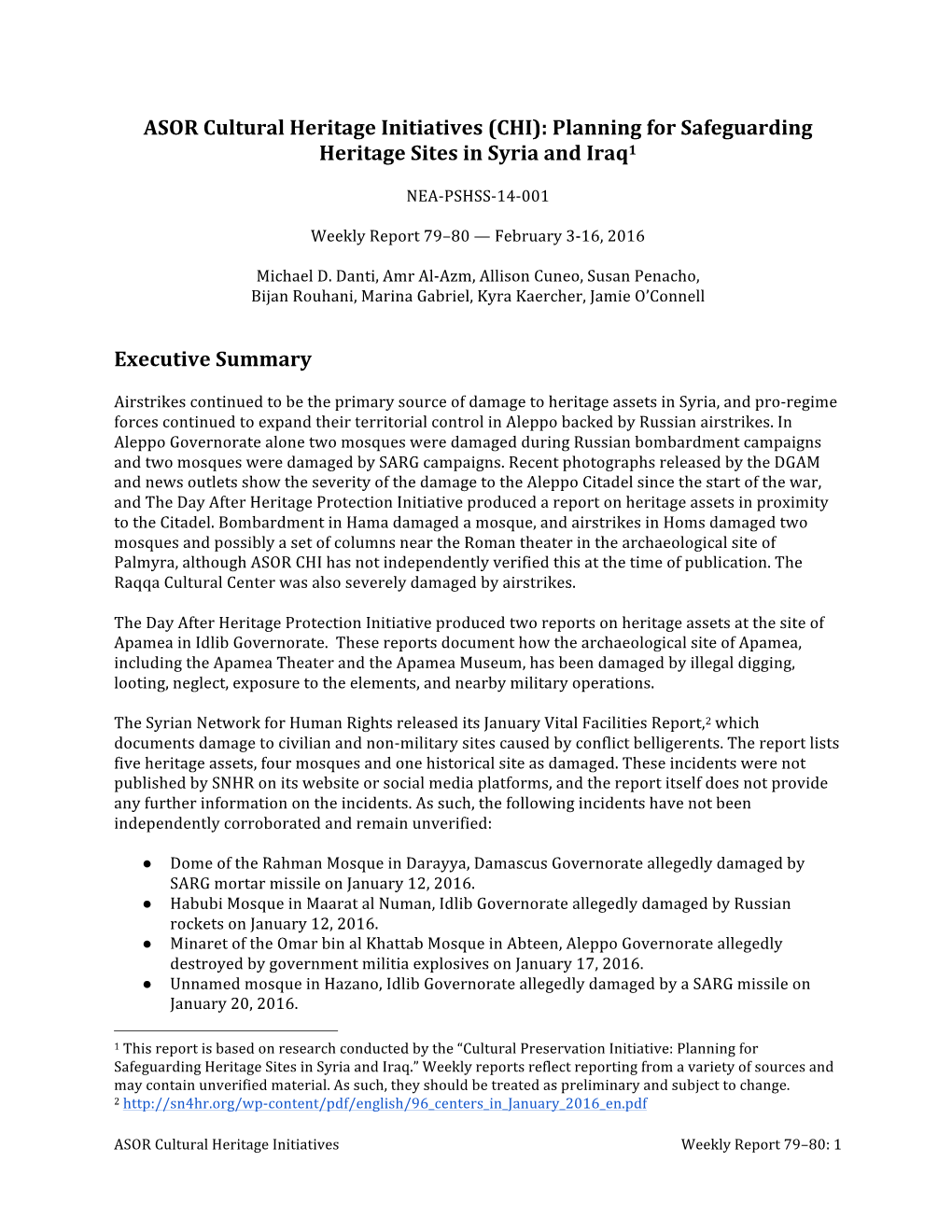 (CHI): Planning for Safeguarding Heritage Sites in Syria and Iraq1