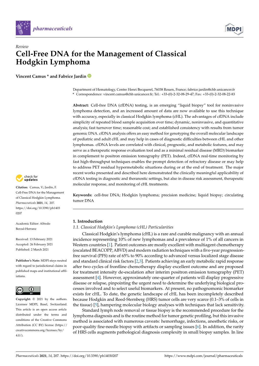 Cell-Free DNA for the Management of Classical Hodgkin Lymphoma