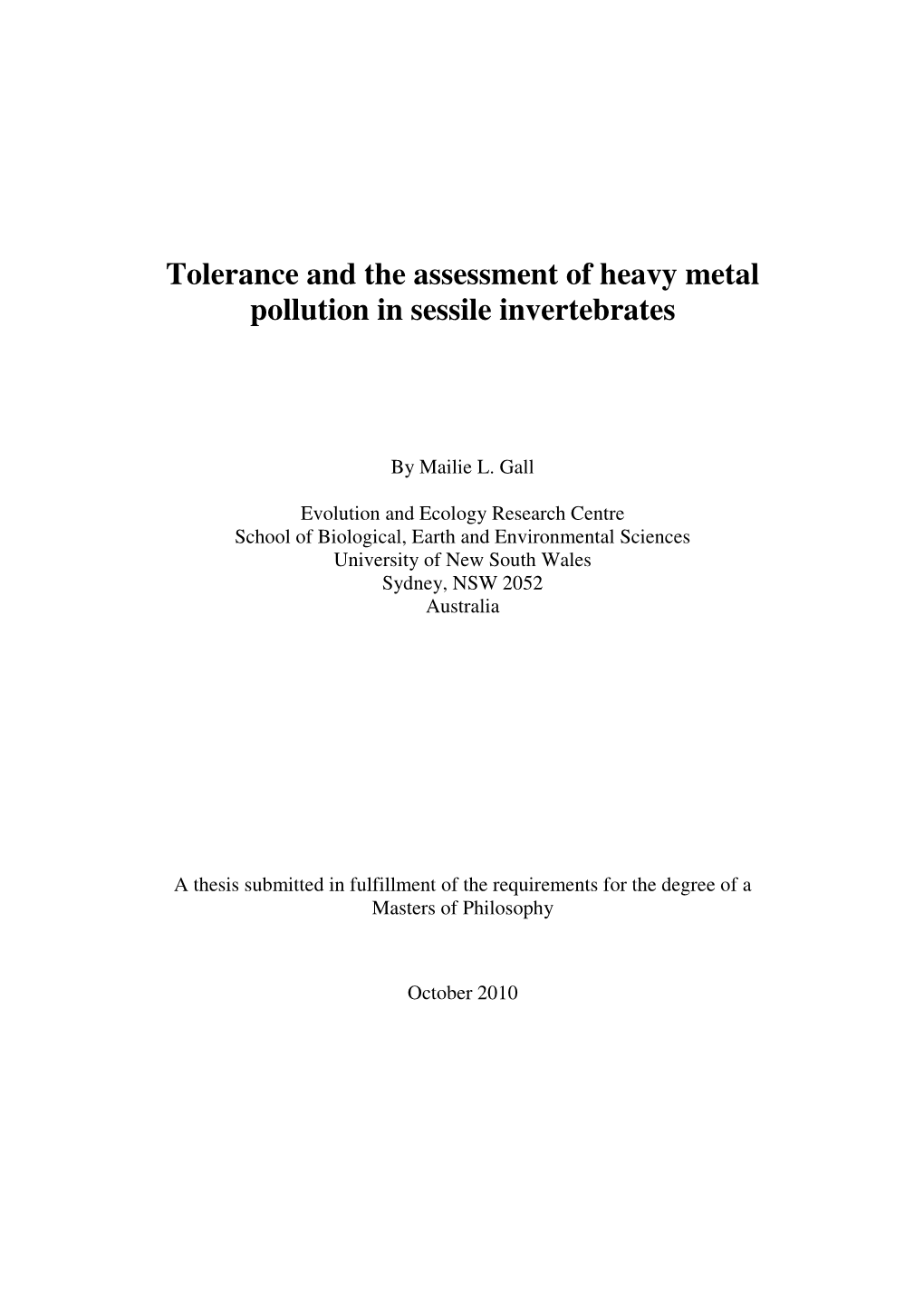 Tolerance and the Assessment of Heavy Metal Pollution in Sessile Invertebrates