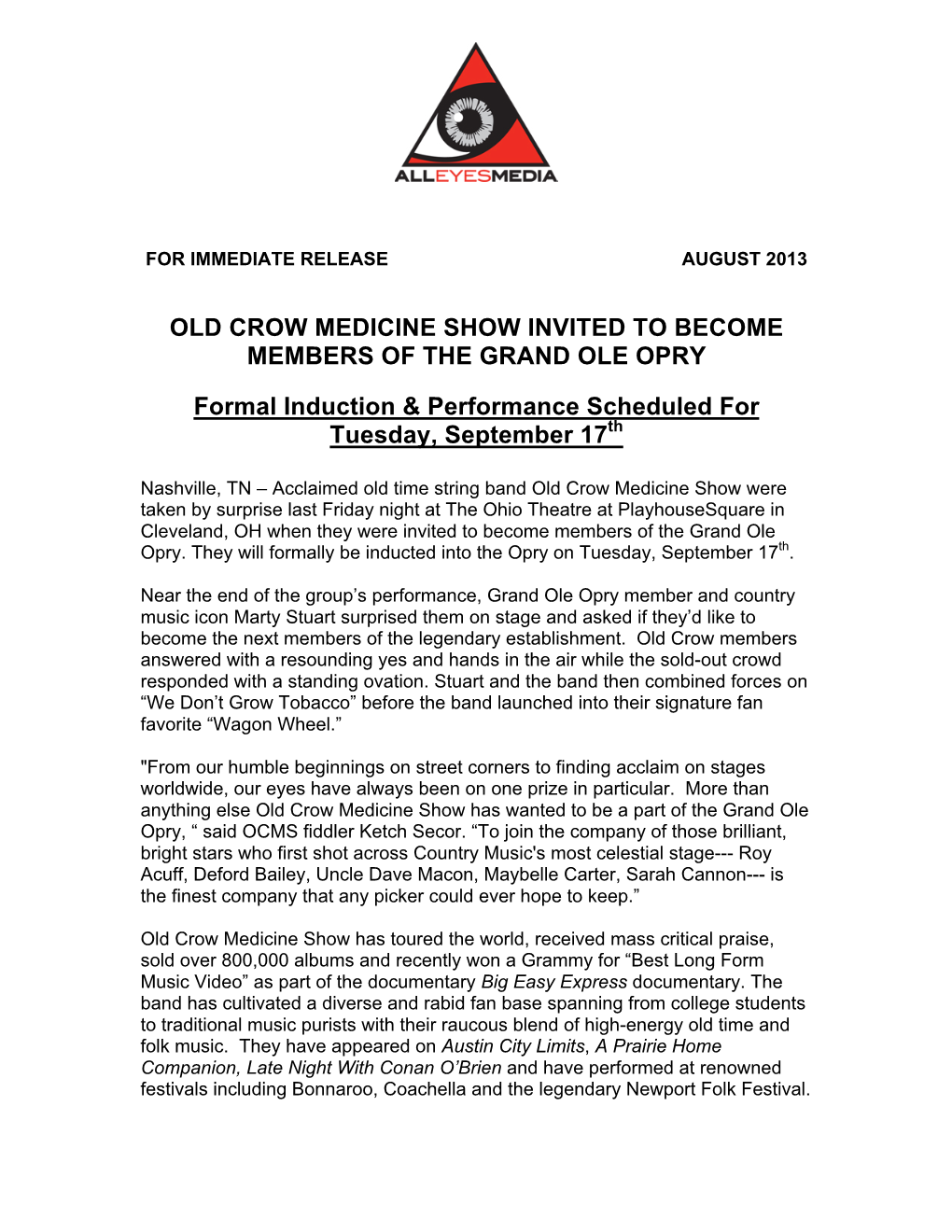 Old Crow Medicine Show Invited to Become Members of the Grand Ole Opry