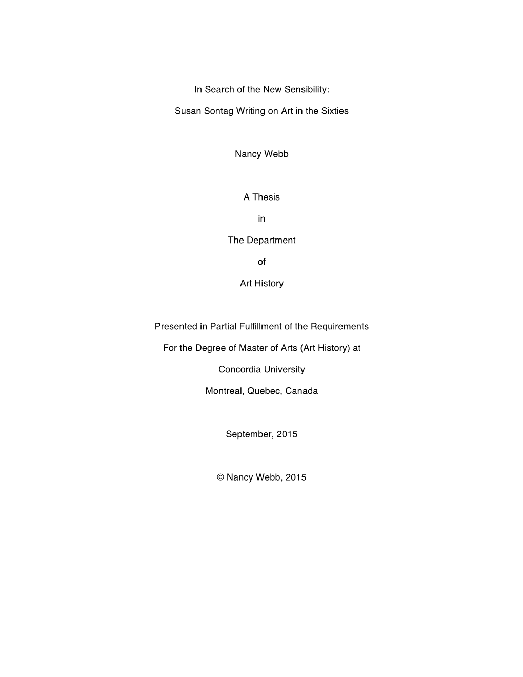 Susan Sontag Writing on Art in the Sixties Nancy Webb a Thesis In