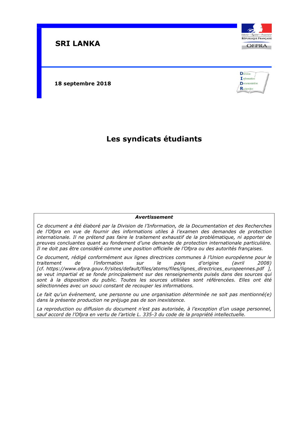 DIDR, Sri Lanka : Les Syndicats Étudiants, Ofpra, 18/09/2018