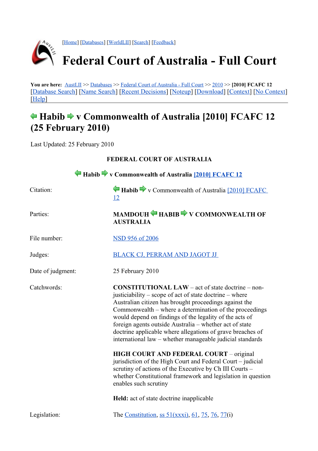 You Are Here: Austlii > Databases > Federal Court of Australia - Full Court >