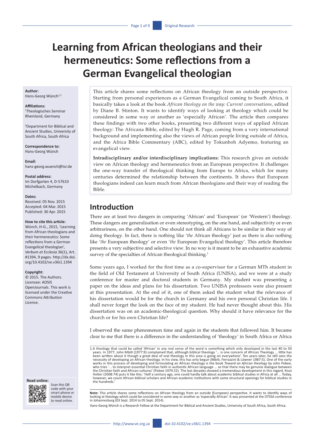 Learning from African Theologians and Their Hermeneutics: Some Reflections from a German Evangelical Theologian