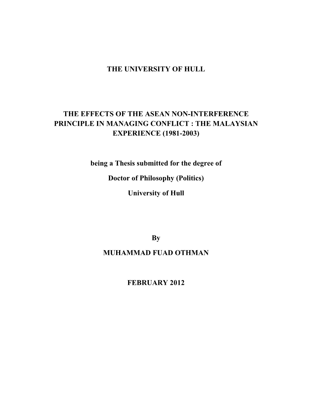 The University of Hull the Effects of the Asean Non