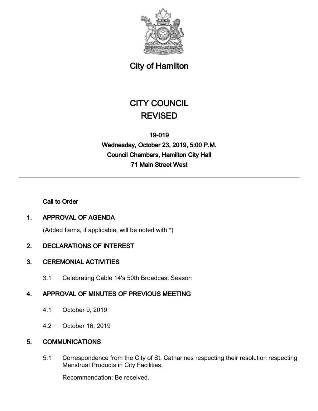 City of Hamilton Agenda Package