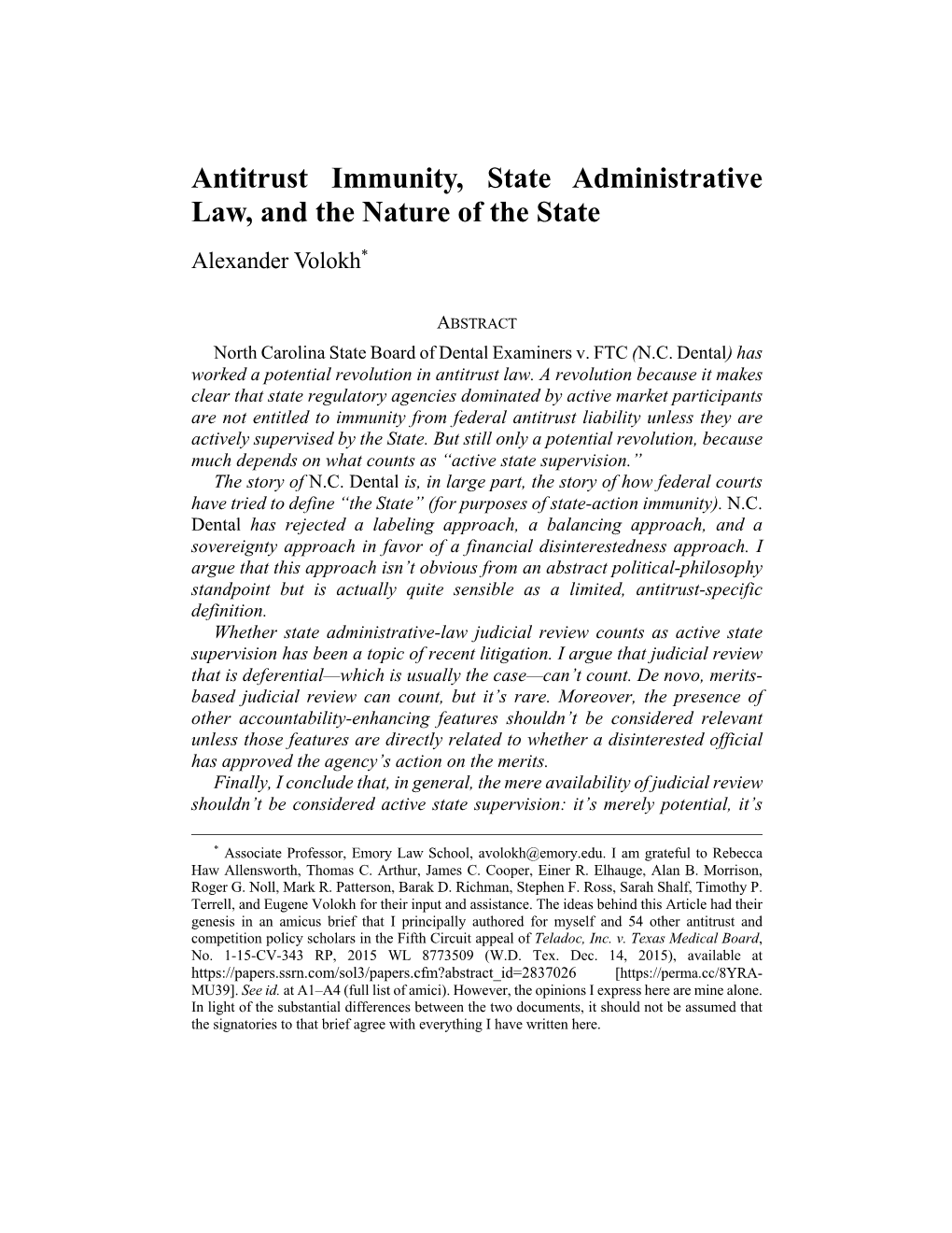 Antitrust Immunity, State Administrative Law, and the Nature of the State