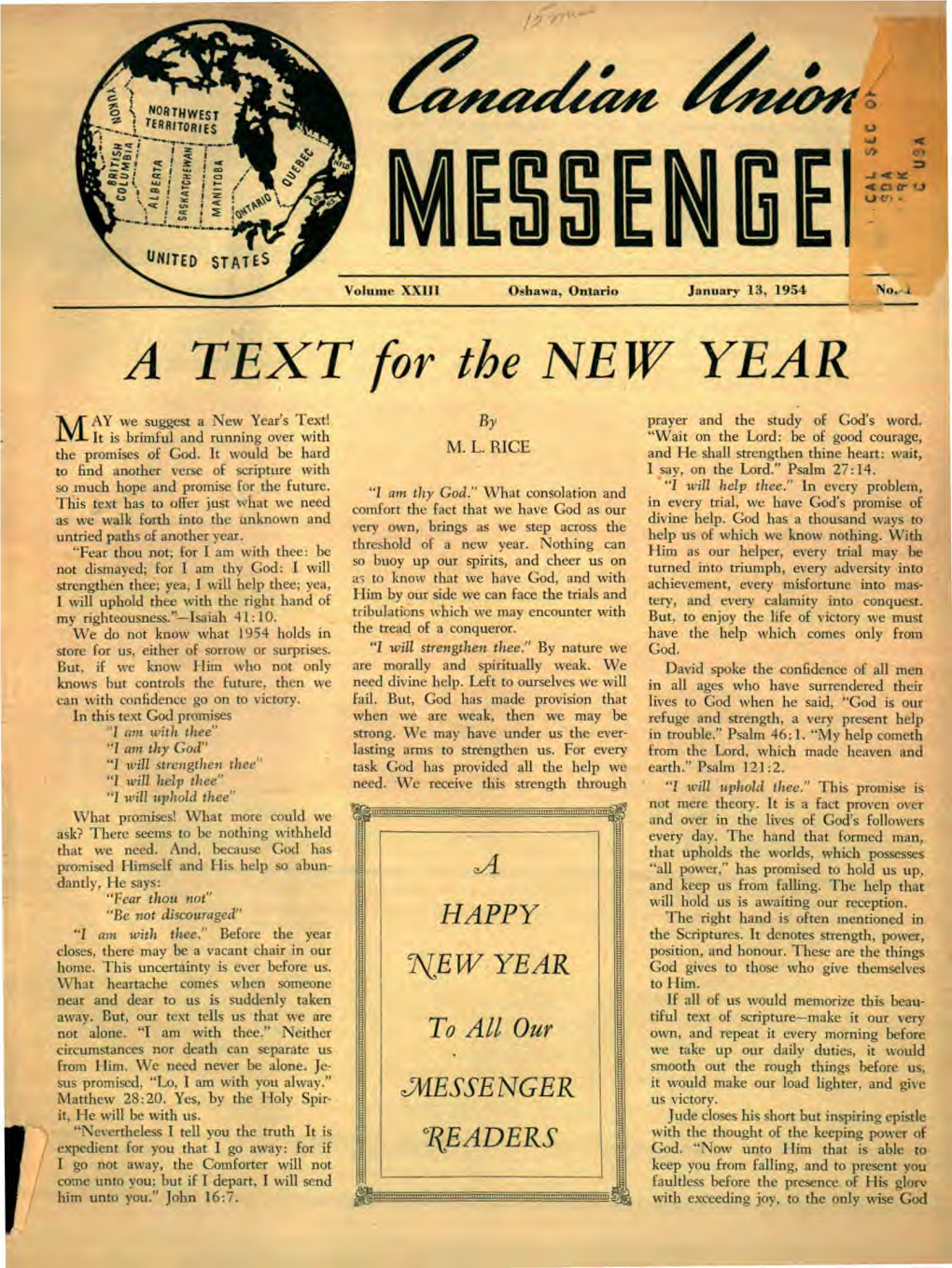 MESSENGEL � Volume XXIII� Oshawa, Ontario January 13, 1954� No