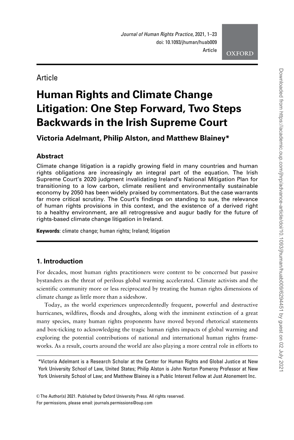 Human Rights and Climate Change Litigation: One Step Forward, Two Steps Backwards in the Irish Supreme Court Victoria Adelmant, Philip Alston, and Matthew Blainey*