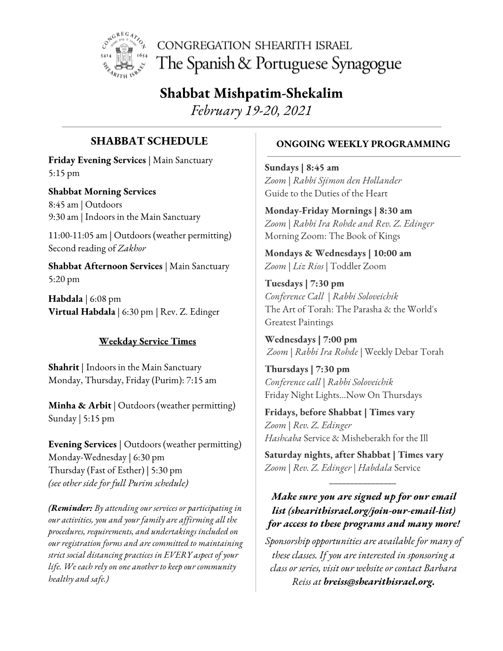 Shabbat Mishpatim-Shekalim February 19-20, 2021