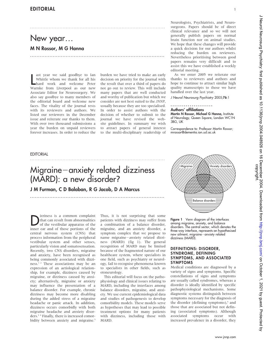 New Year… Migrainejanxiety Related Dizziness (MARD): a New Disorder?