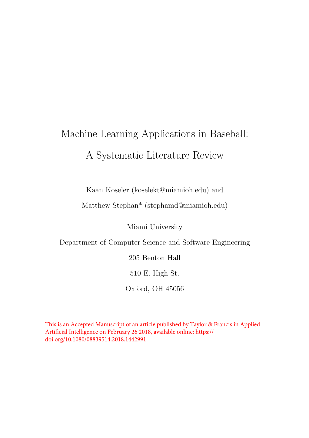Machine Learning Applications in Baseball: a Systematic Literature Review