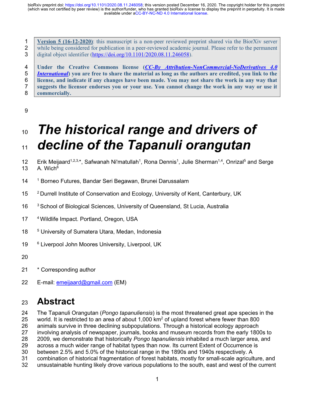 The Historical Range and Drivers of Decline of the Tapanuli