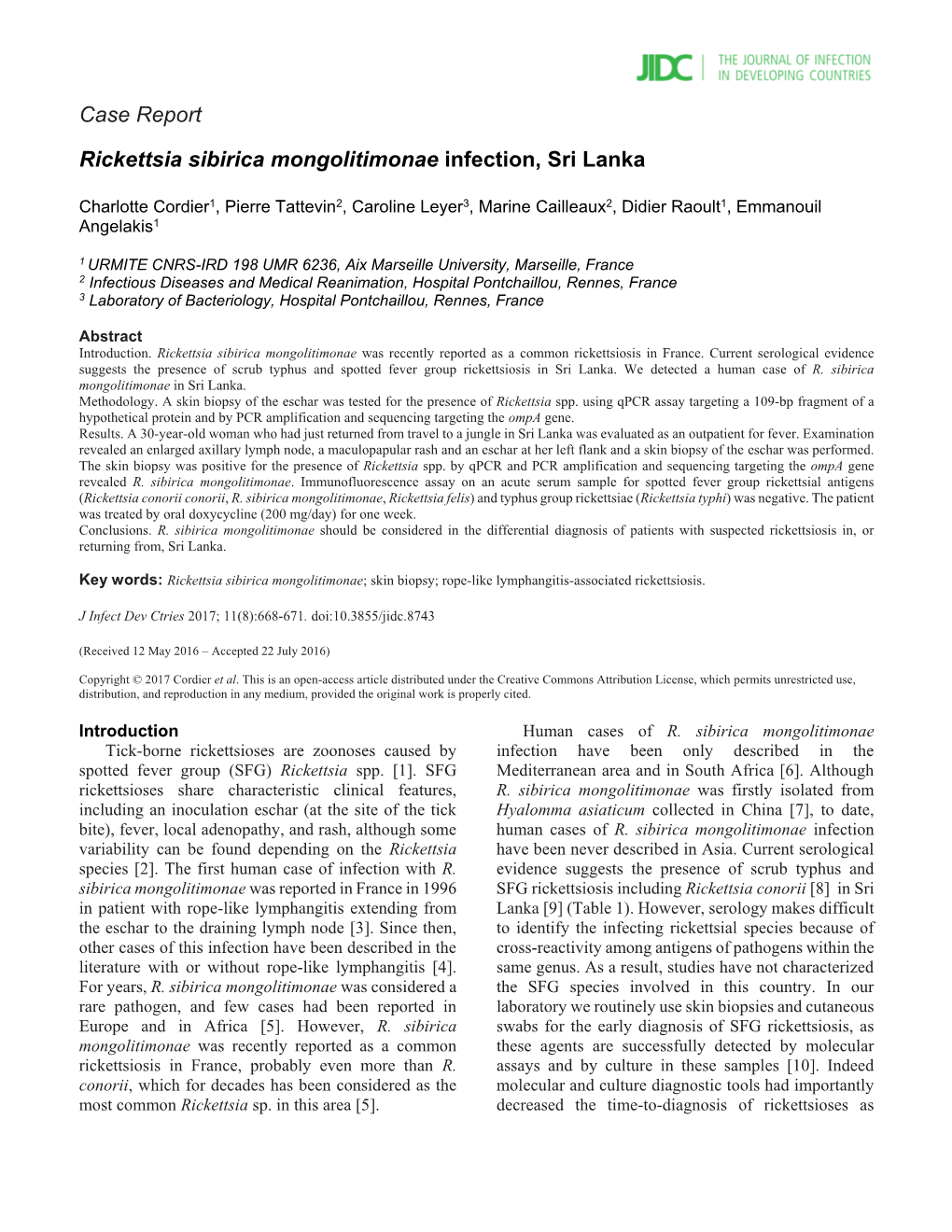 Case Report Rickettsia Sibirica Mongolitimonae Infection, Sri Lanka