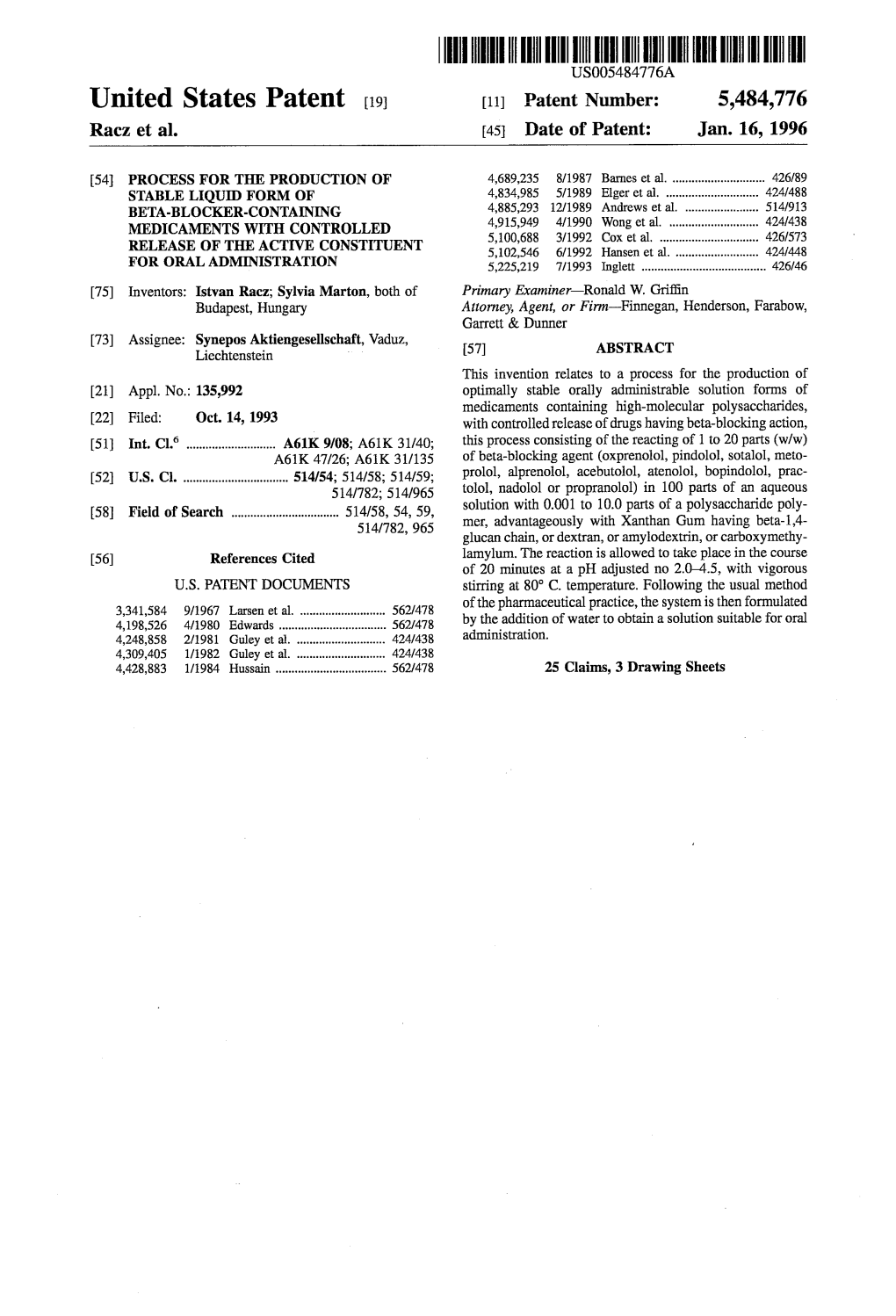IIIHIII IIII US005484776A United States Patent (19) 11 Patent Number: 5,484,776 Racz Et Al