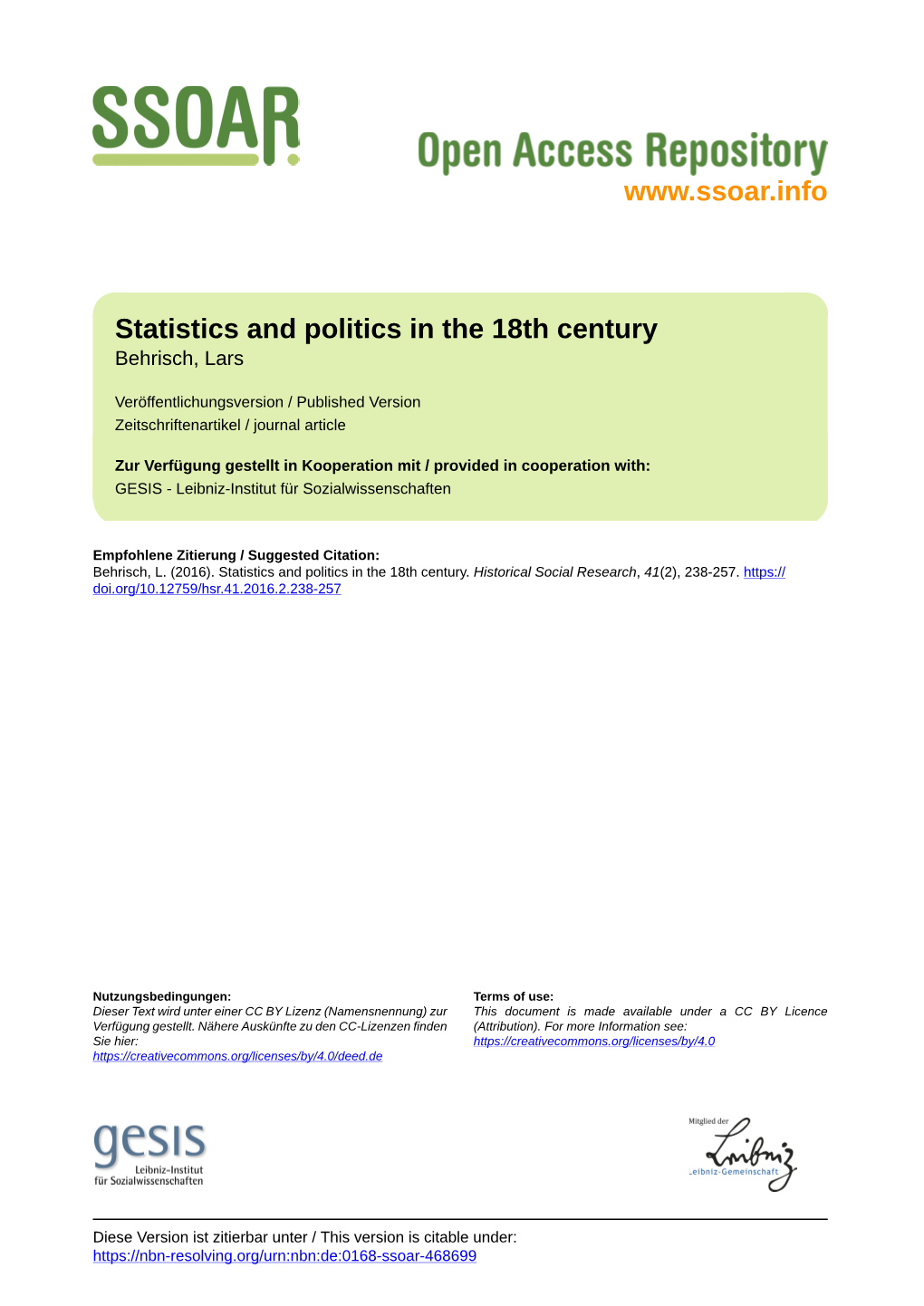 Statistics and Politics in the 18Th Century Behrisch, Lars