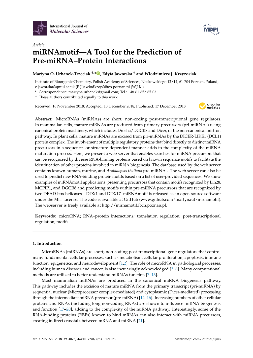Mirnamotif—A Tool for the Prediction of Pre-Mirna–Protein Interactions