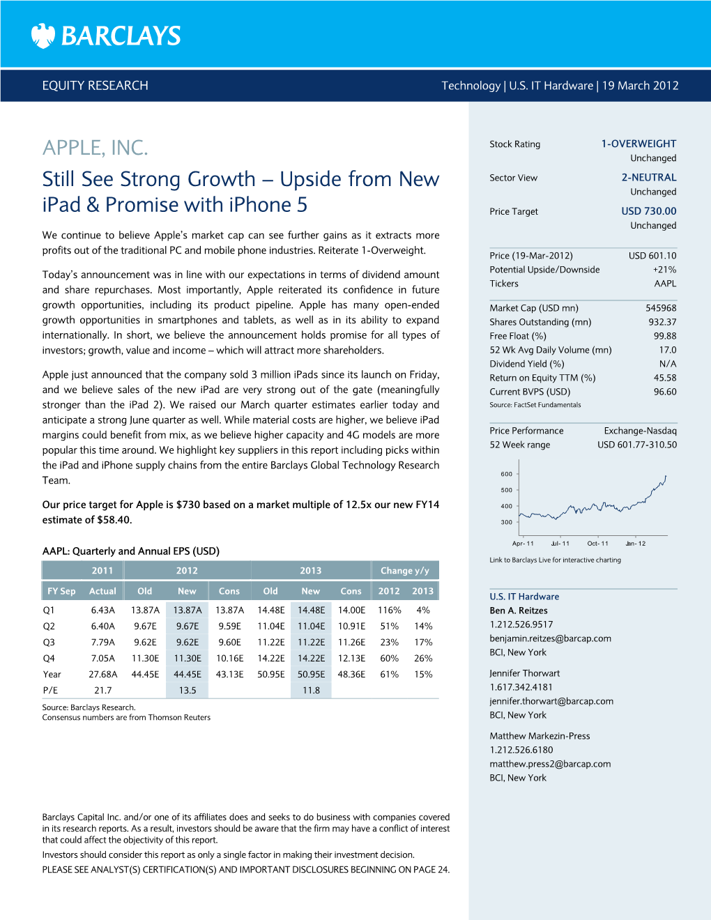 APPLE, INC. Still See Strong Growth – Upside from New Ipad & Promise