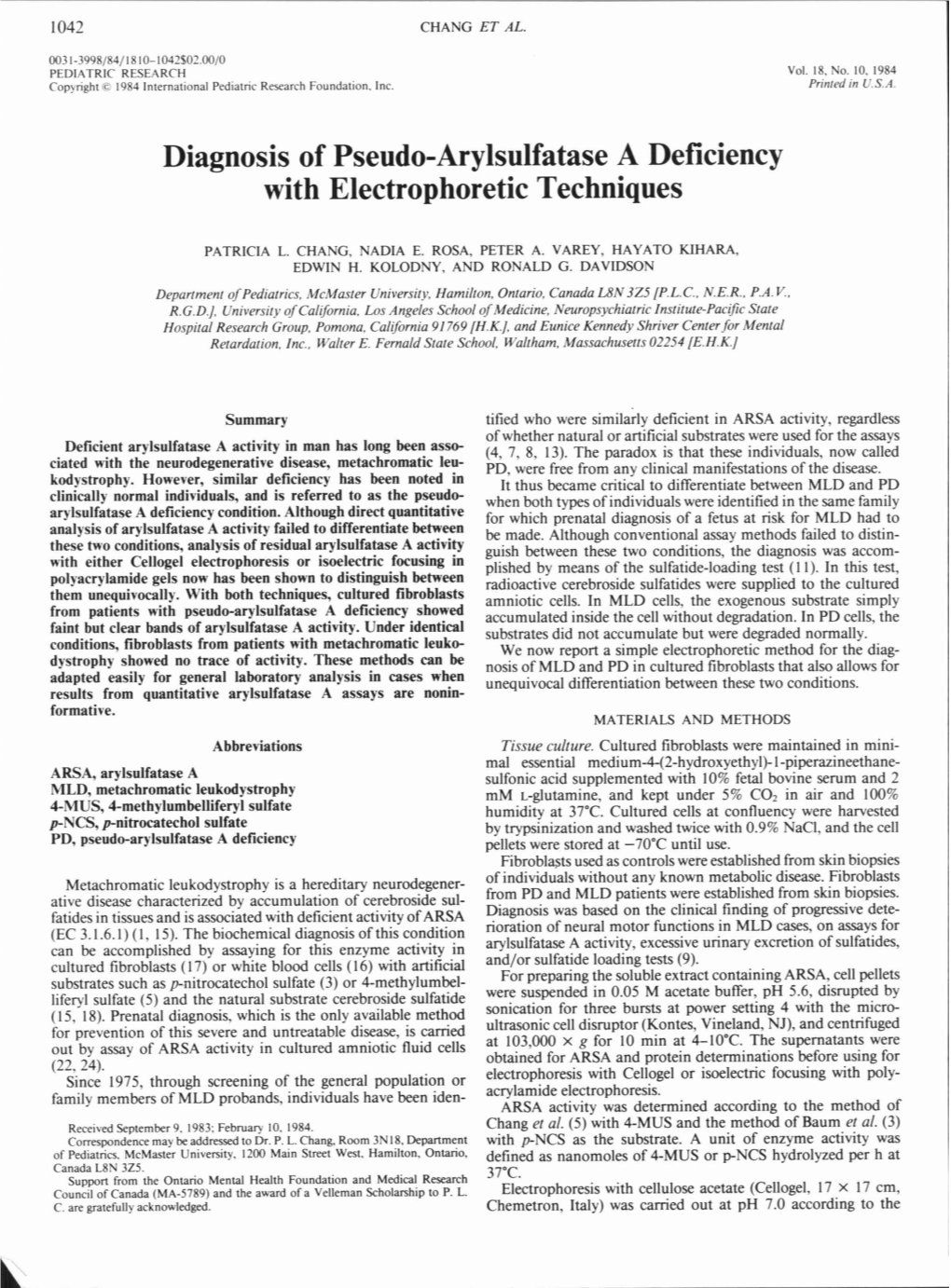 Diagnosis of Pseudo-Arylsulfatase a Deficiency with Electrophoretic Techniques