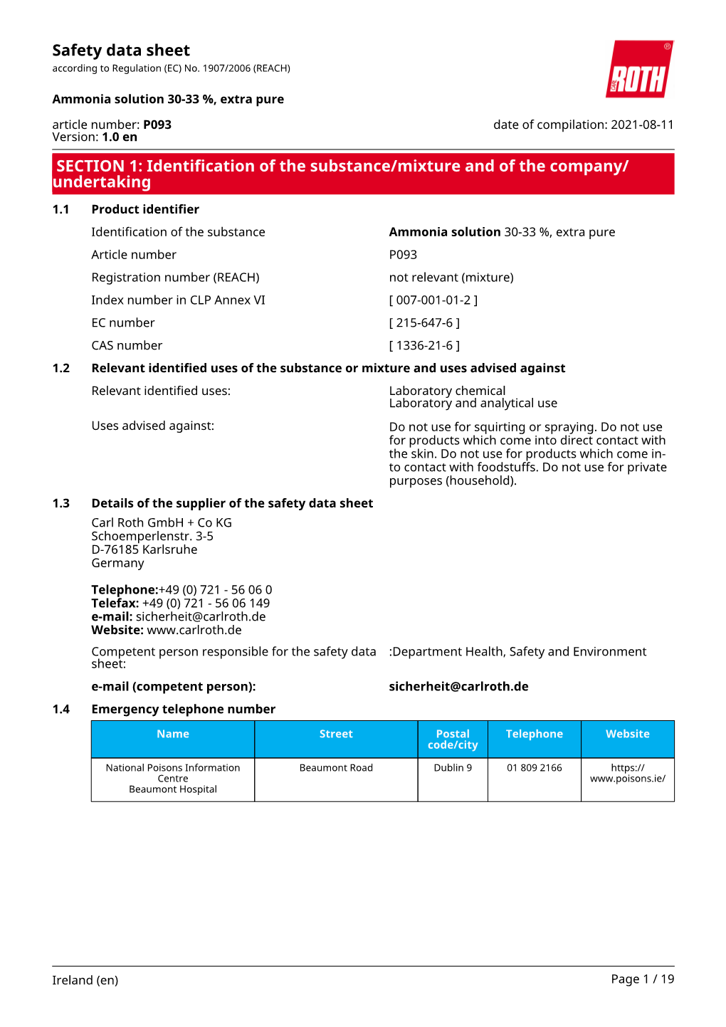 Safety Data Sheet: Ammonia Solution