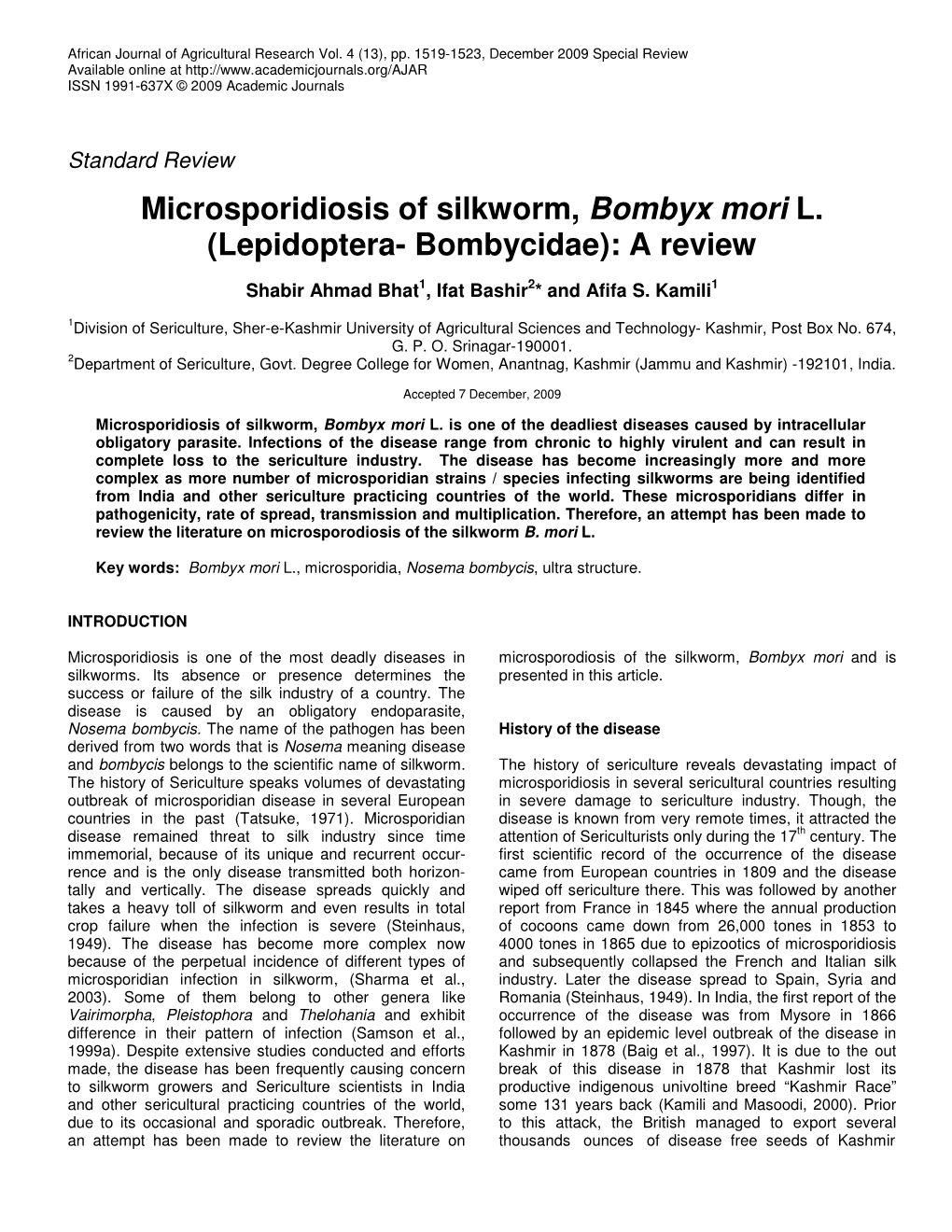 Microsporidiosis of Silkworm, Bombyx Mori L. (Lepidoptera- Bombycidae): a Review