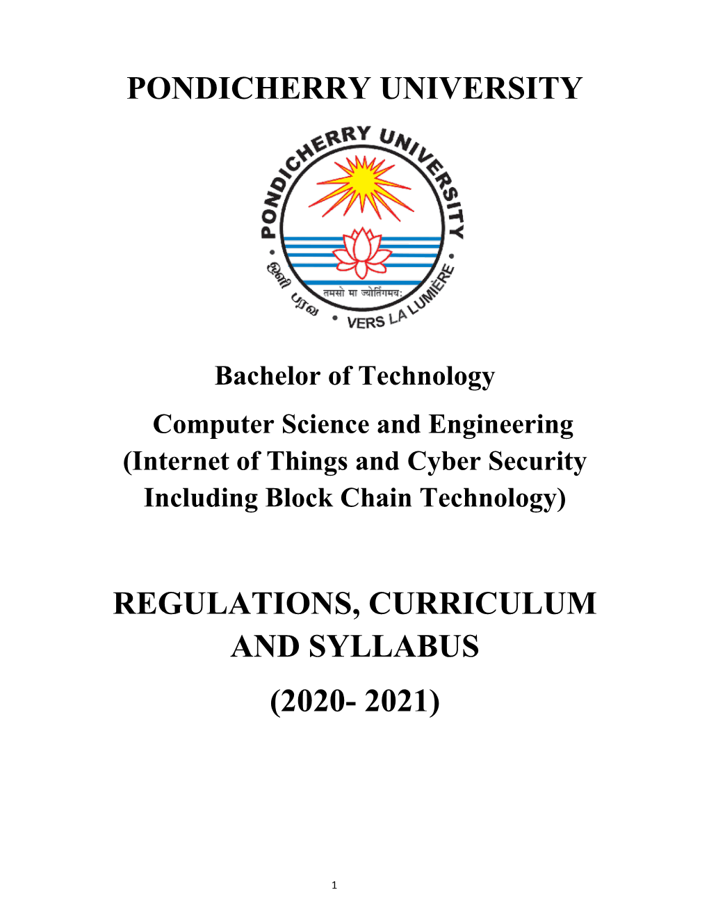 Pondicherry University Regulations, Curriculum and Syllabus (2020- 2021)