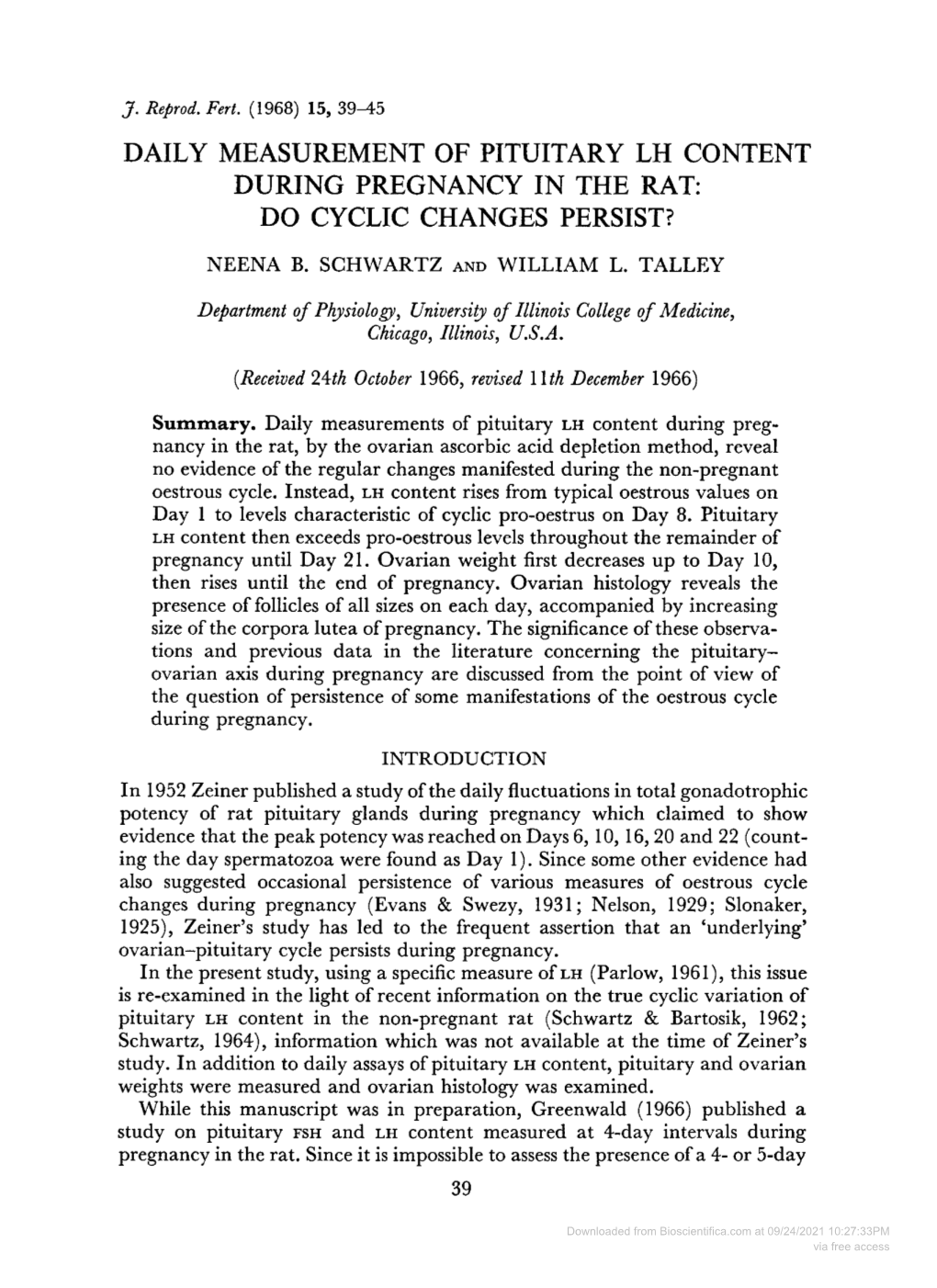 Daily Measurement of Pituitary Lh Content During Pregnancy in the Rat: Do Cyclic Changes Persist?