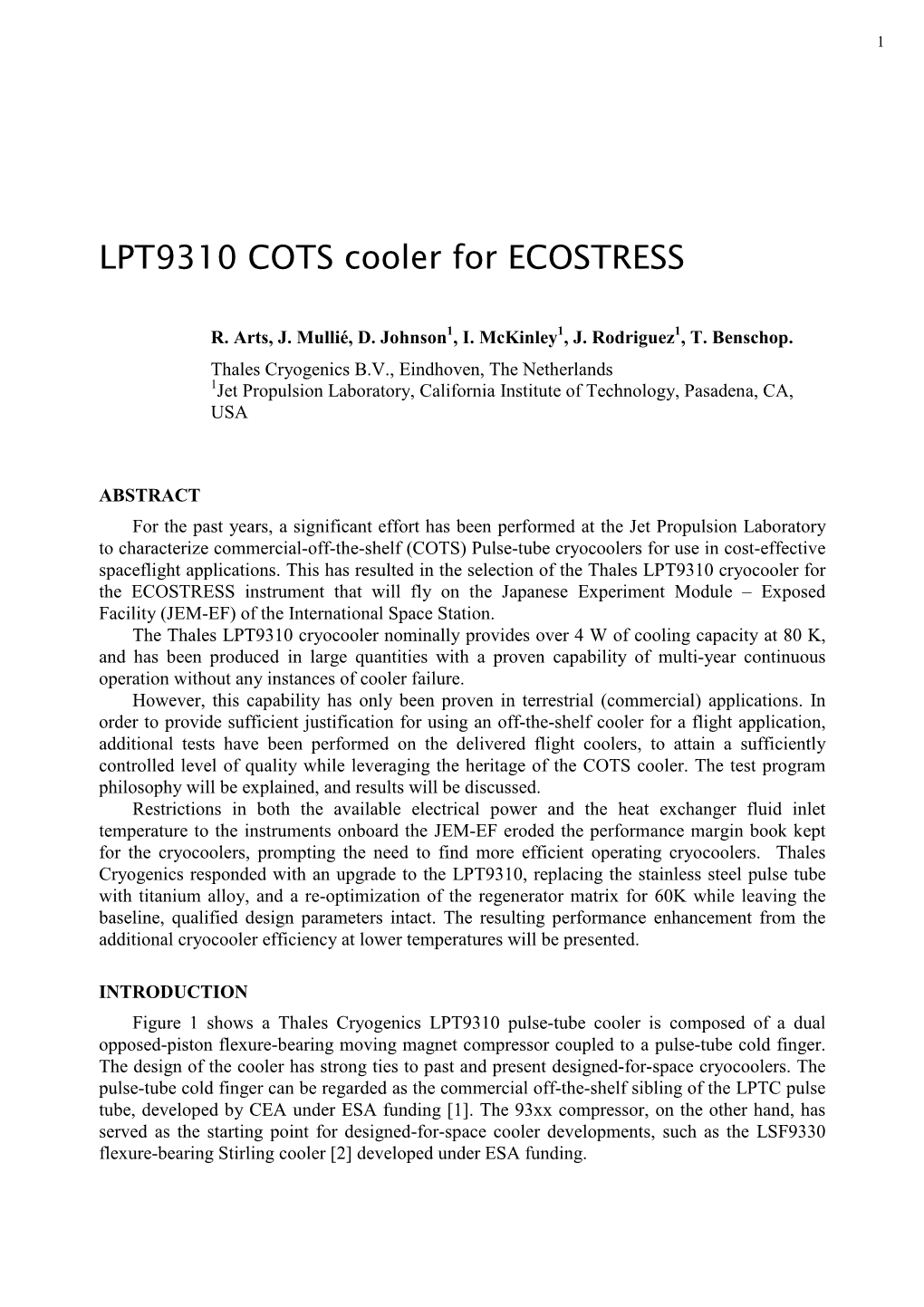 LPT9310 COTS Cooler for ECOSTRESS