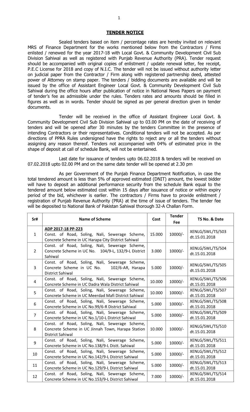 1 TENDER NOTICE Sealed Tenders Based on Item / Percentage Rates Are Hereby Invited on Relevant MRS of Finance Department For