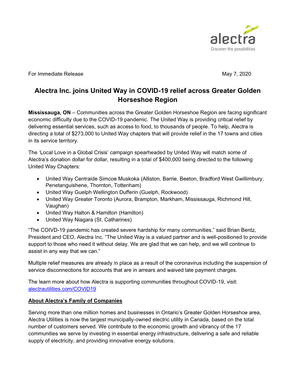 Alectra Inc. Joins United Way in COVID-19 Relief Across Greater Golden Horseshoe Region