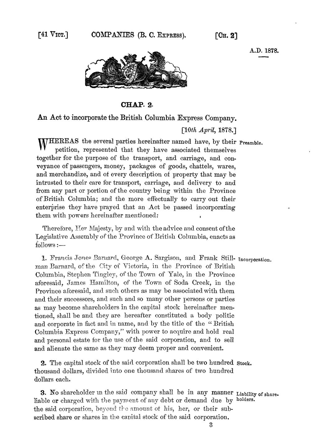 COMPANIES (B. C. EXPRESS). CHAP. 2. an Act to Incorporate the British