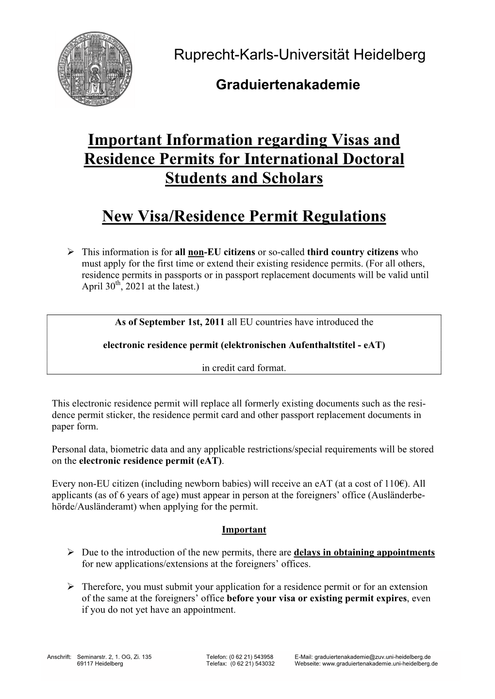 Important Information Regarding Visas and Residence Permits for International Doctoral Students and Scholars