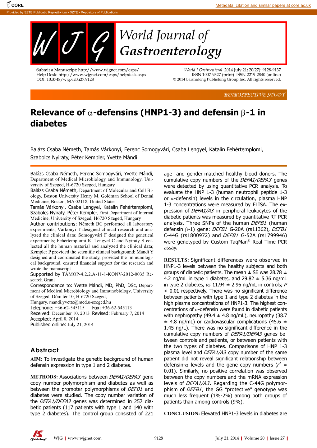 Relevance of Α-Defensins (HNP1-3) and Defensin Β-1 in Diabetes