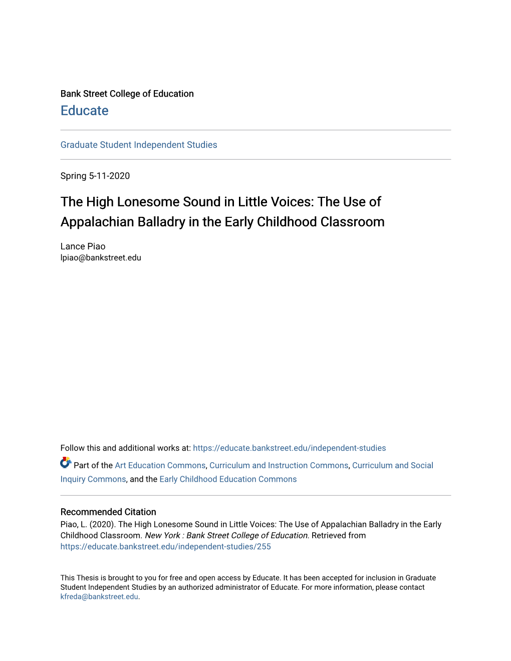 The High Lonesome Sound in Little Voices: the Use of Appalachian Balladry in the Early Childhood Classroom