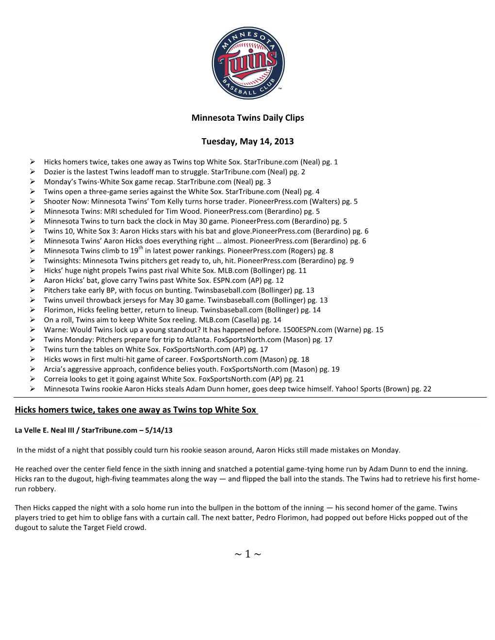 Minnesota Twins Daily Clips Tuesday, May 14, 2013