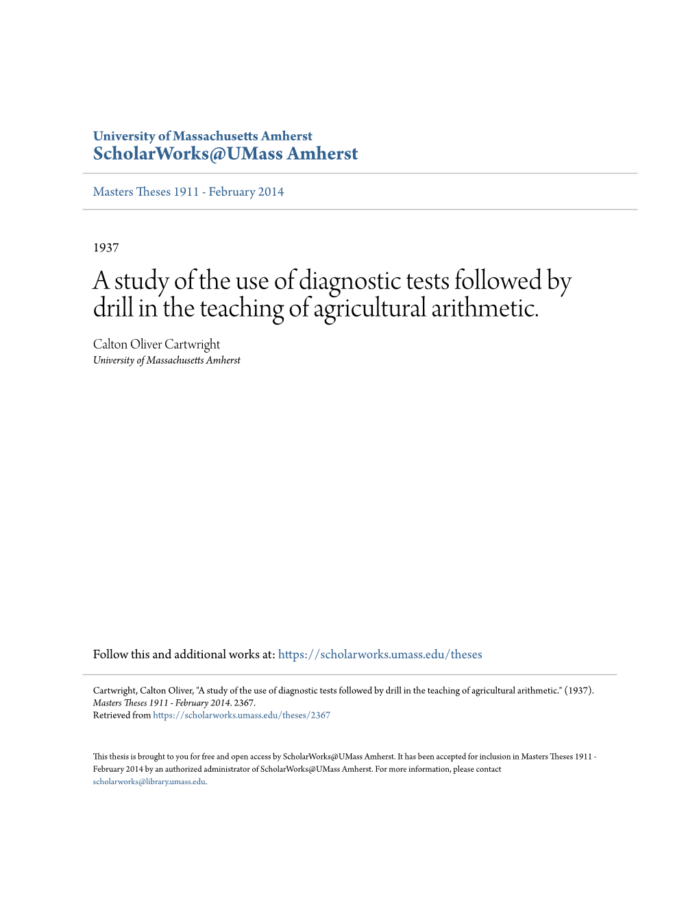 A Study of the Use of Diagnostic Tests Followed by Drill in the Teaching of Agricultural Arithmetic